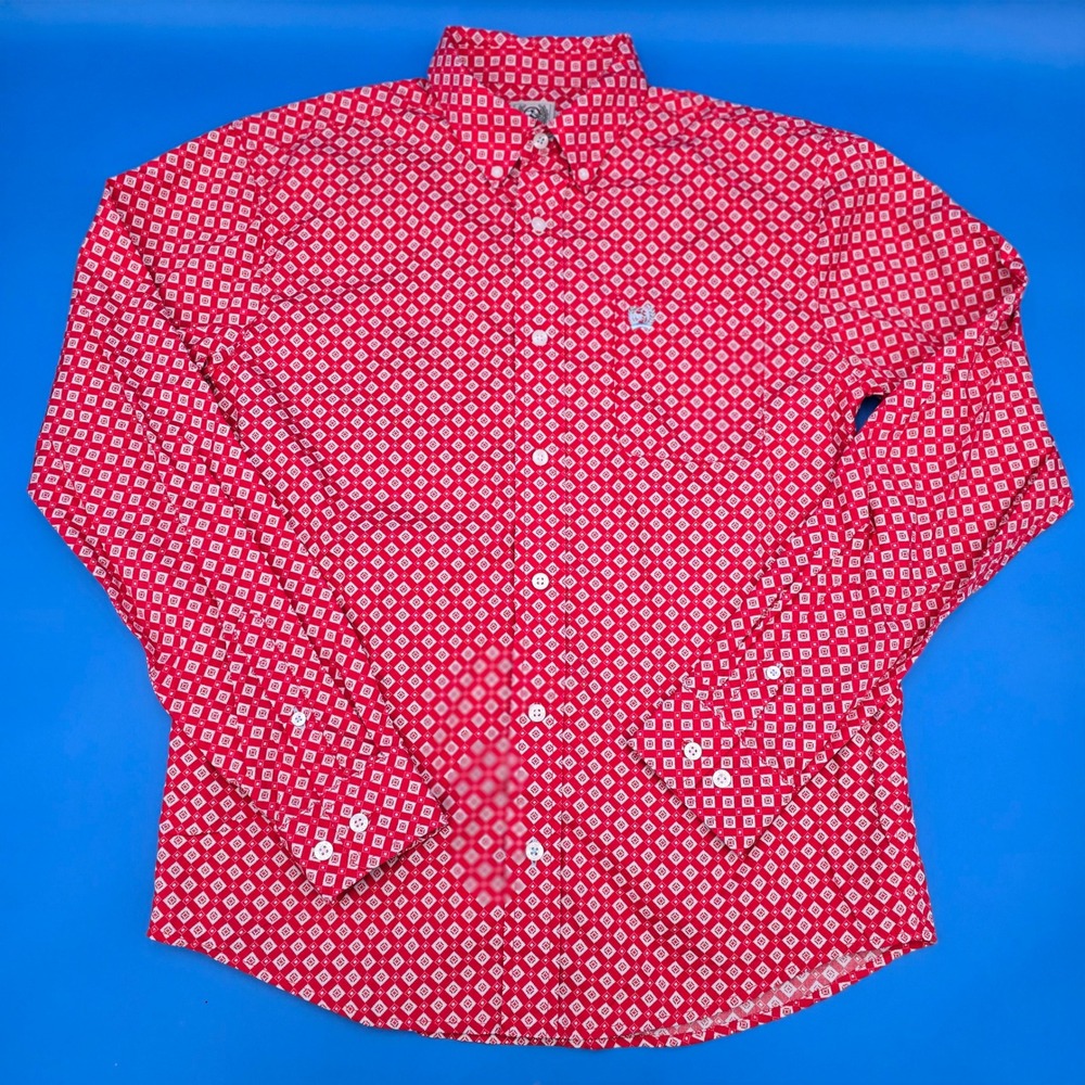 Cinch Kids Long Sleeve Button Up Western‎ Shirt Red White Diamond Print XL 14